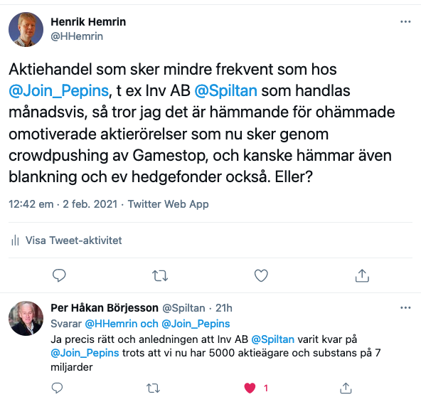 Utdrag ur twittertråd om mindre frekvent aktiehandel som motverkar ohämmade aktierörelser